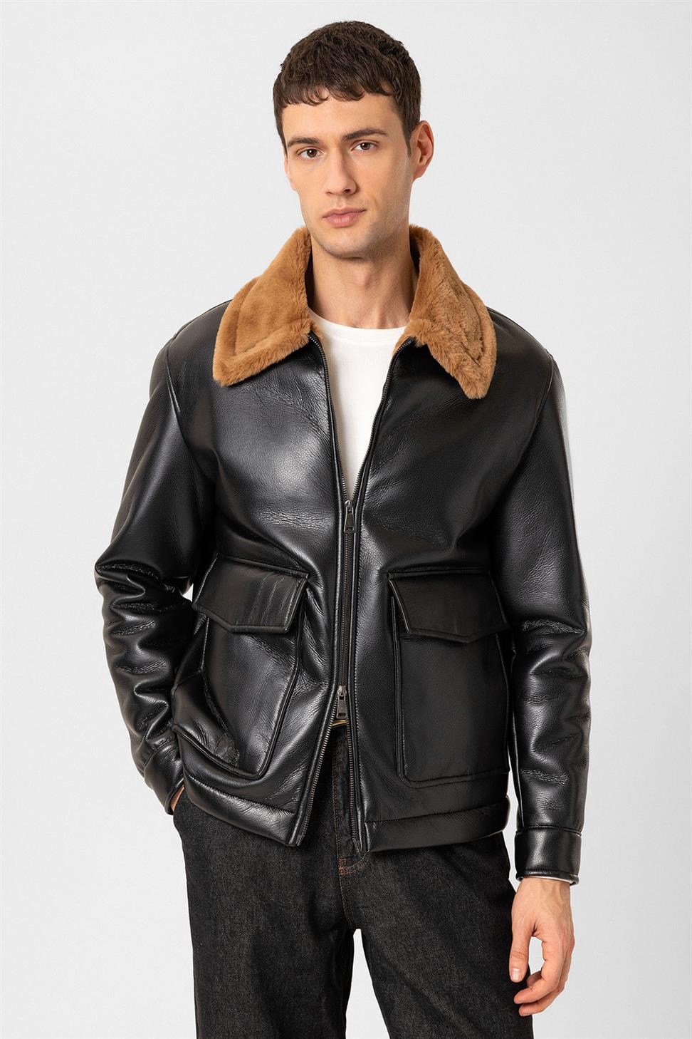 Antioch Siyah/Kahve Astar Detaylı Suni Deri Mont