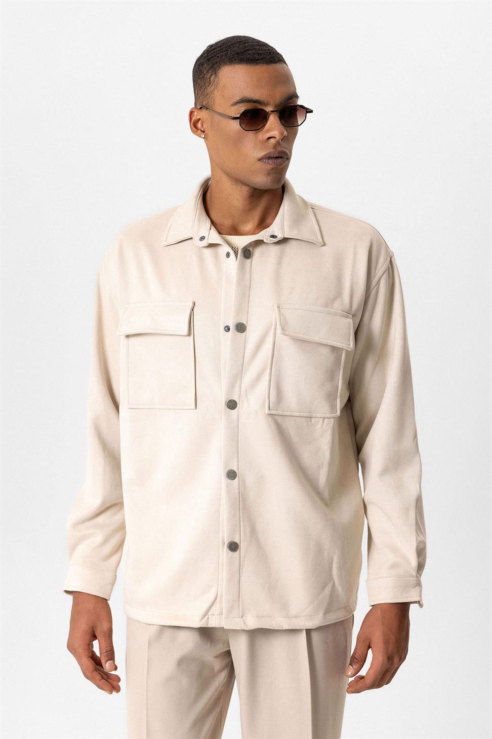 قميص رجالي من الجلد السويدي بقصة عادية مع أزرار معدنية