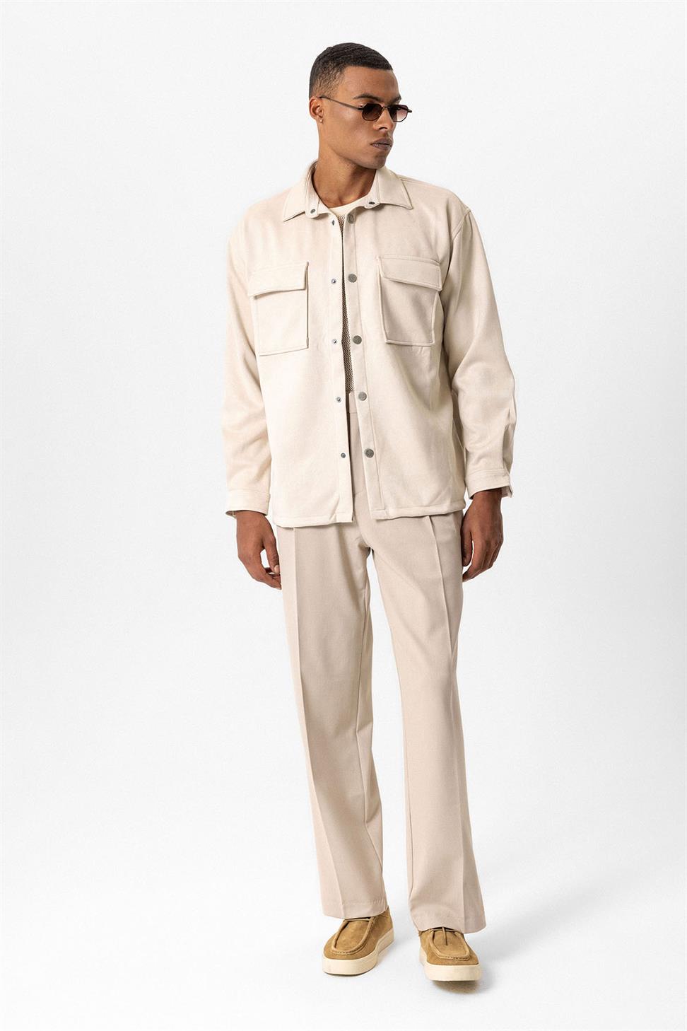 قميص رجالي من الجلد السويدي بقصة عادية مع أزرار معدنية