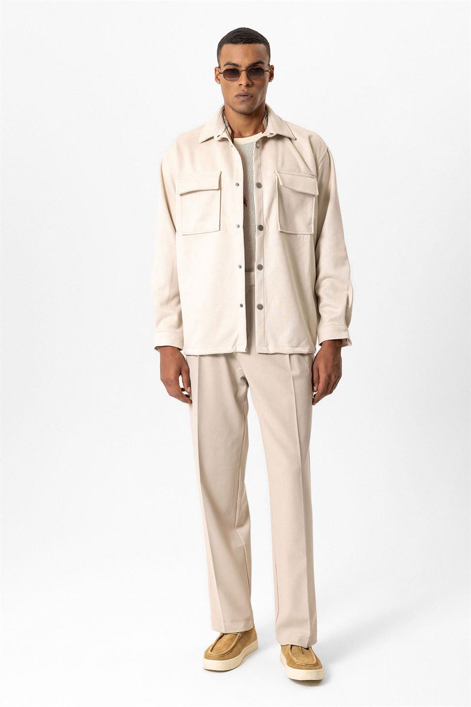 قميص رجالي من الجلد السويدي بقصة عادية مع أزرار معدنية