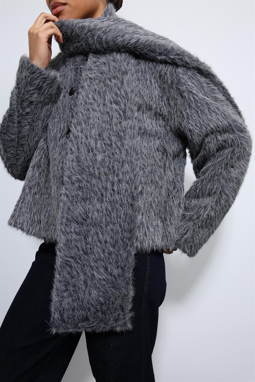 Antioch Antrasit Atkı Yaka Suni Kürklü Kaban