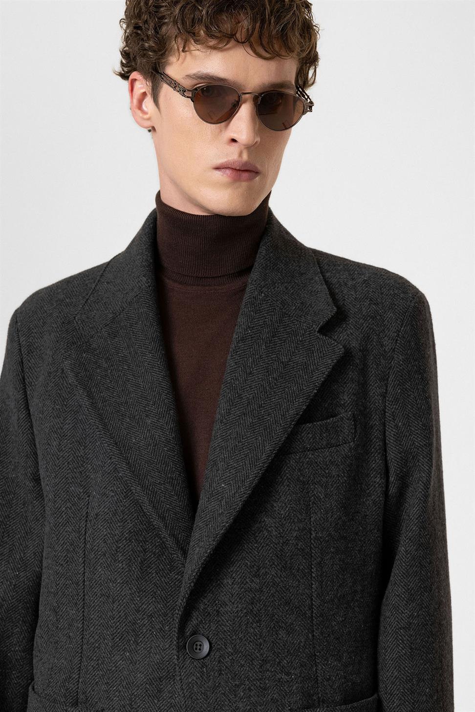 Antioch Antrasit Balıksırtı Desenli Oversize Erkek Blazer Ceket