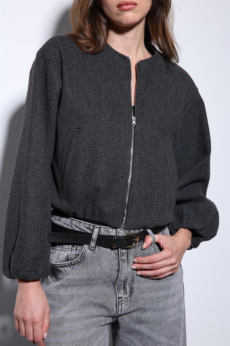 Antioch Antrasit Bel Lastikli Crop Kadın Mont