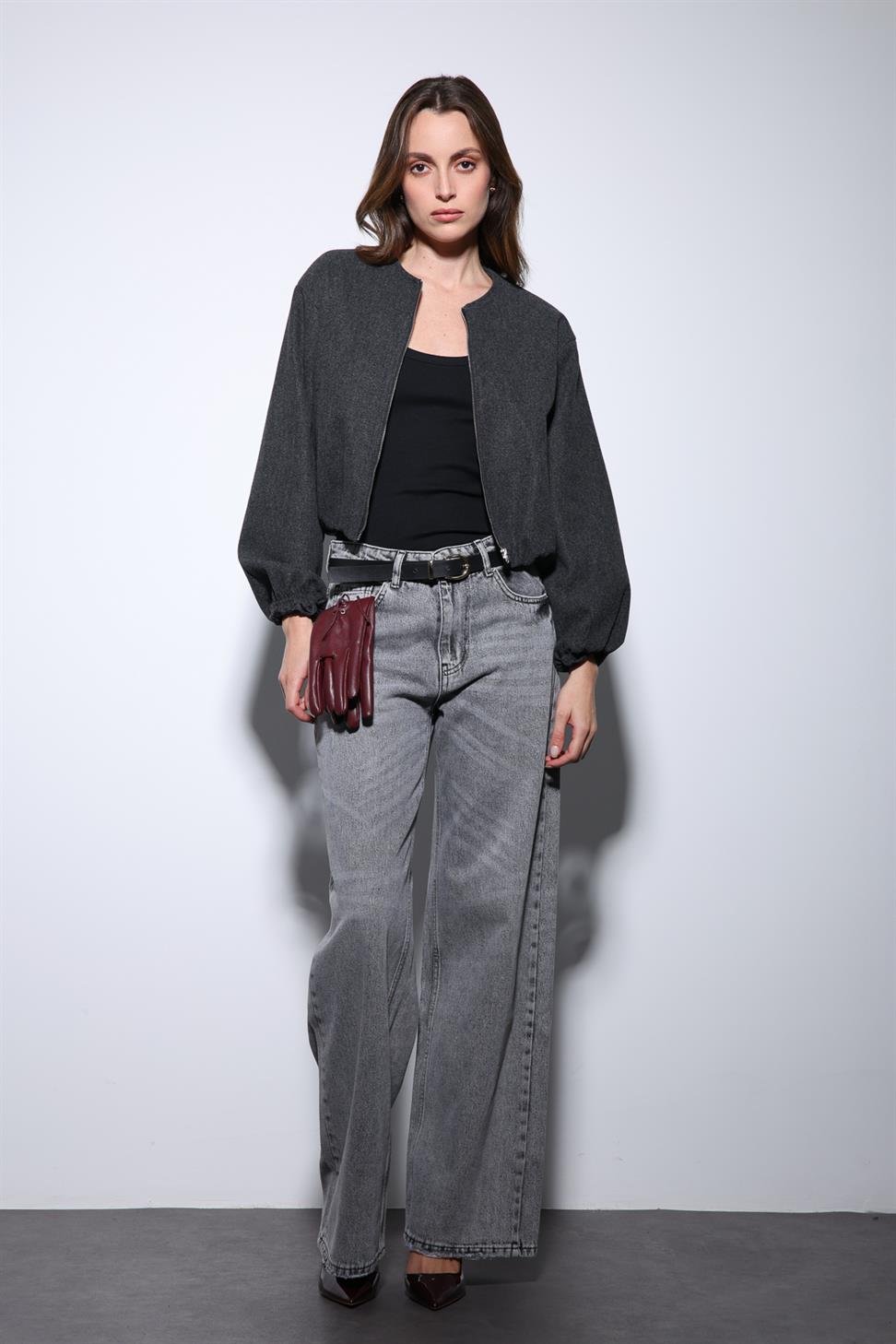 Antioch Antrasit Bel Lastikli Crop Kadın Mont