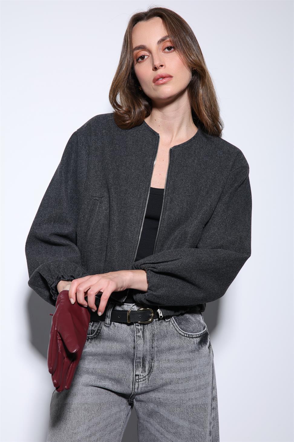 Antioch Antrasit Bel Lastikli Crop Kadın Mont