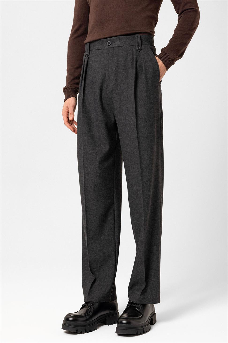 Antioch Antrasit Çift Pileli Yüksek Bel Erkek Pantolon