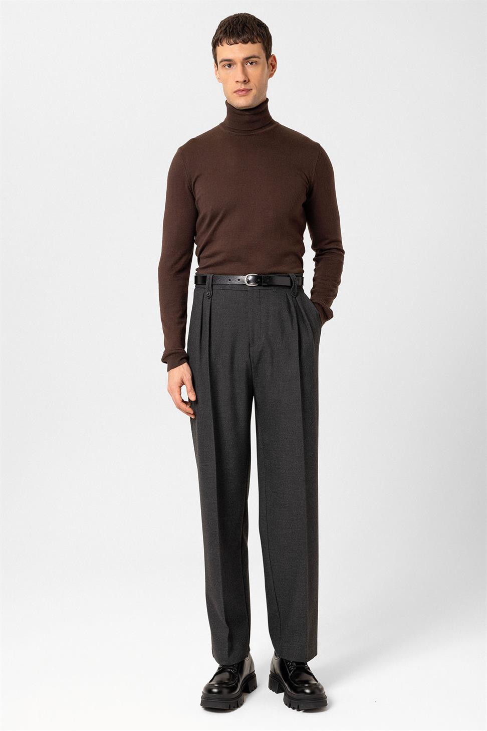 Antioch Antrasit Çift Pileli Yüksek Bel Erkek Pantolon