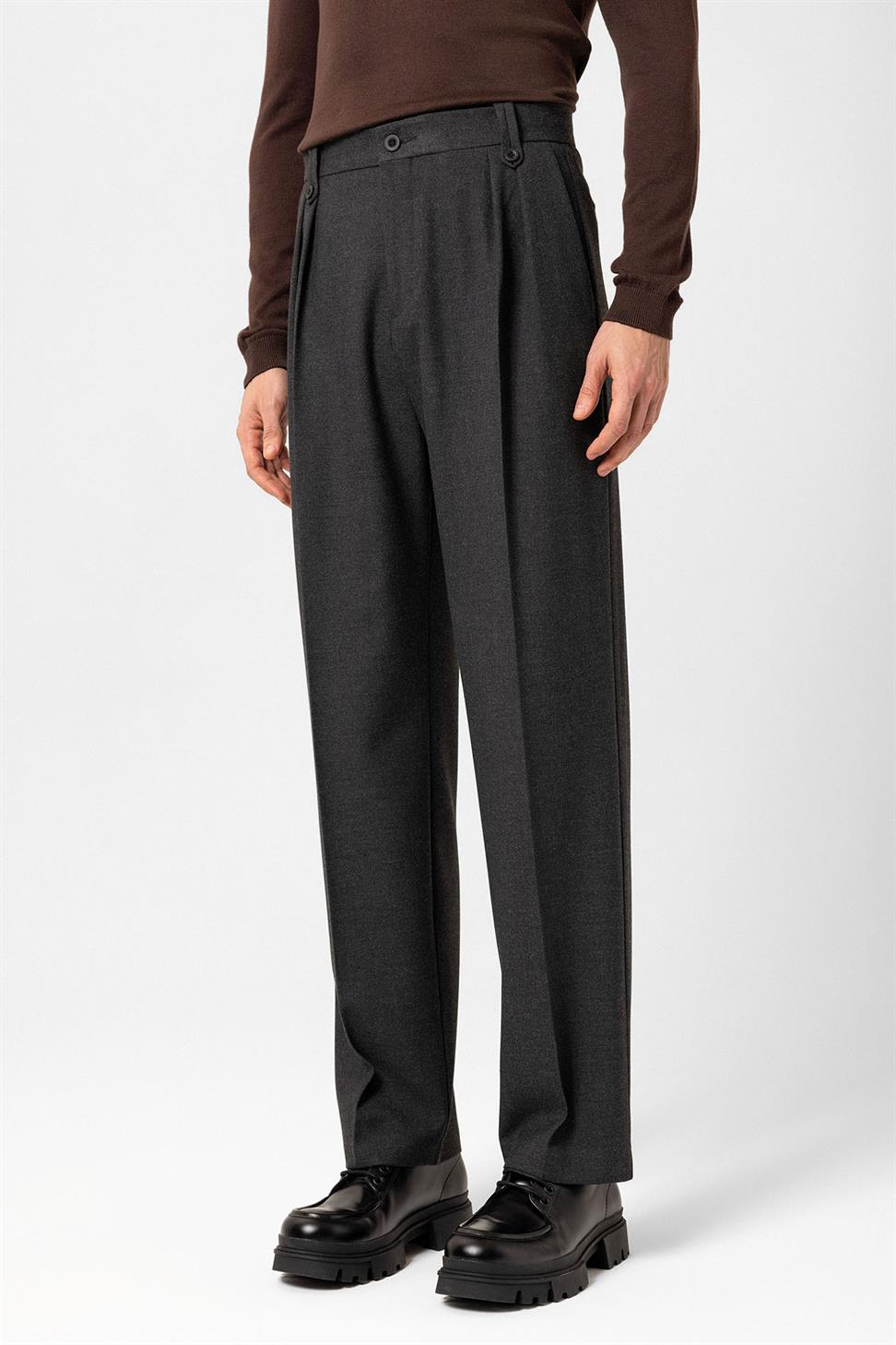 Antioch Antrasit Çift Pileli Yüksek Bel Erkek Pantolon
