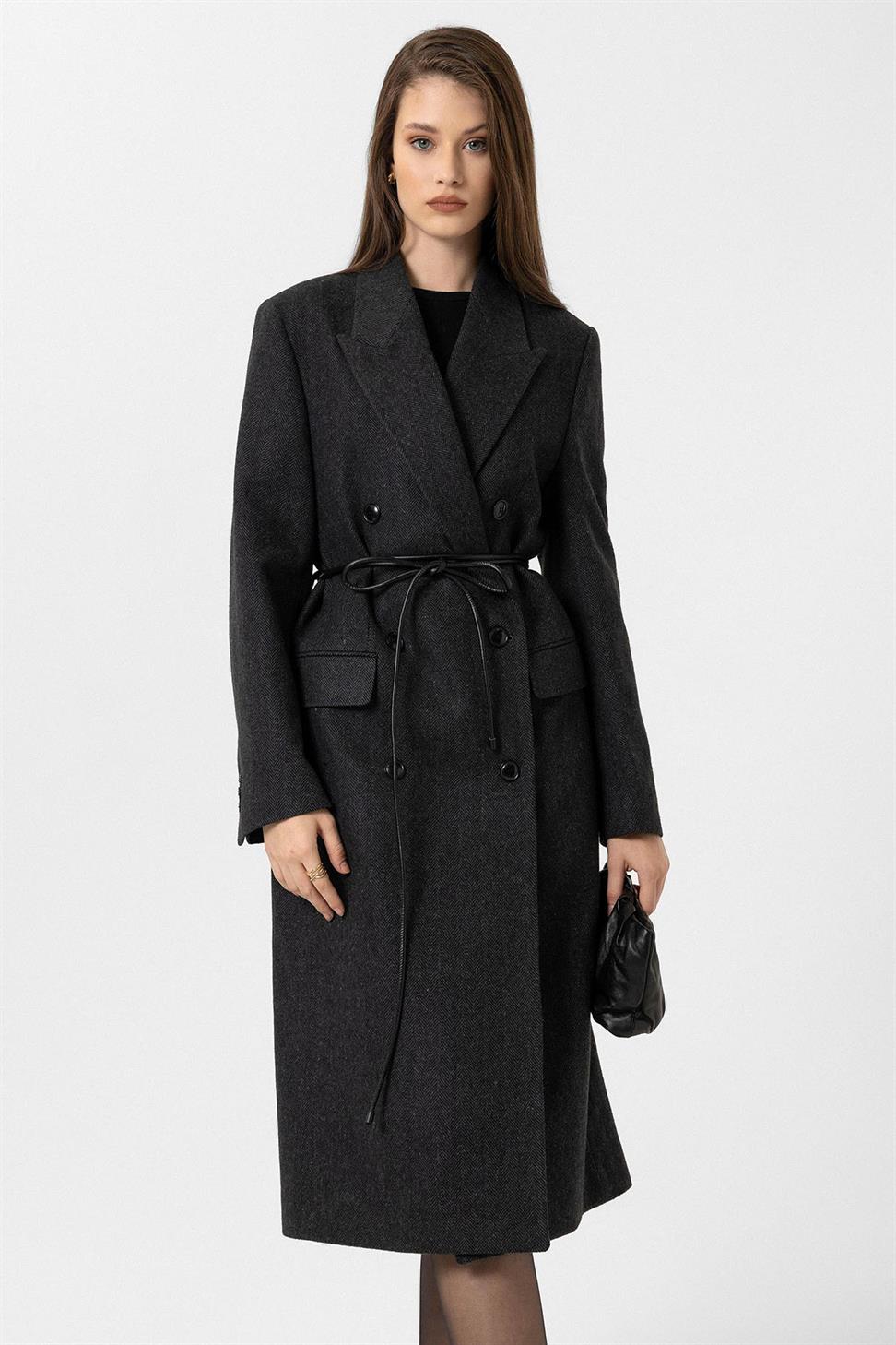 Antioch Antrasit Kadın Balıksırtı Desenli Kruvaze Kaban