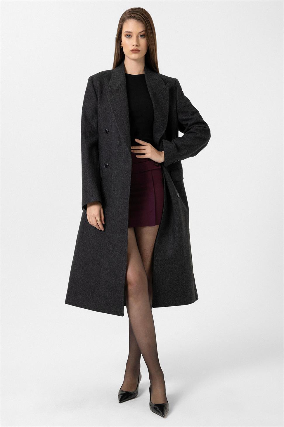 Antioch Antrasit Kadın Balıksırtı Desenli Kruvaze Kaban