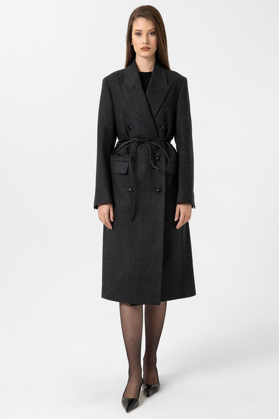 Antioch Antrasit Kadın Balıksırtı Desenli Kruvaze Kaban