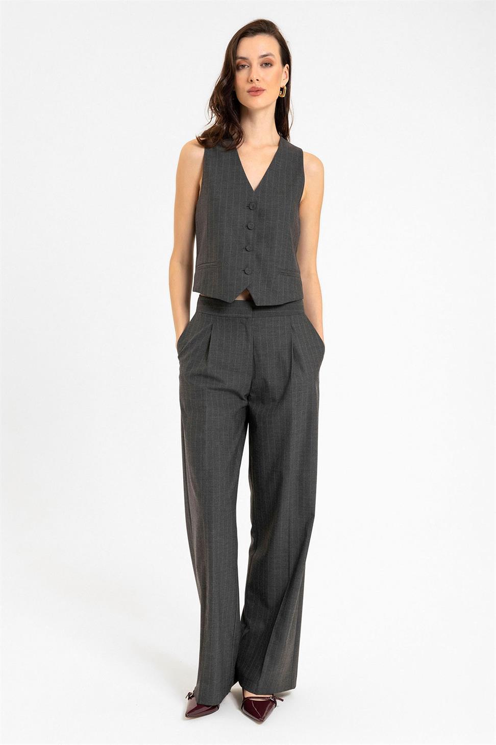 Antioch Antrasit Kadın Çizgili Düğme Kapama Yelek