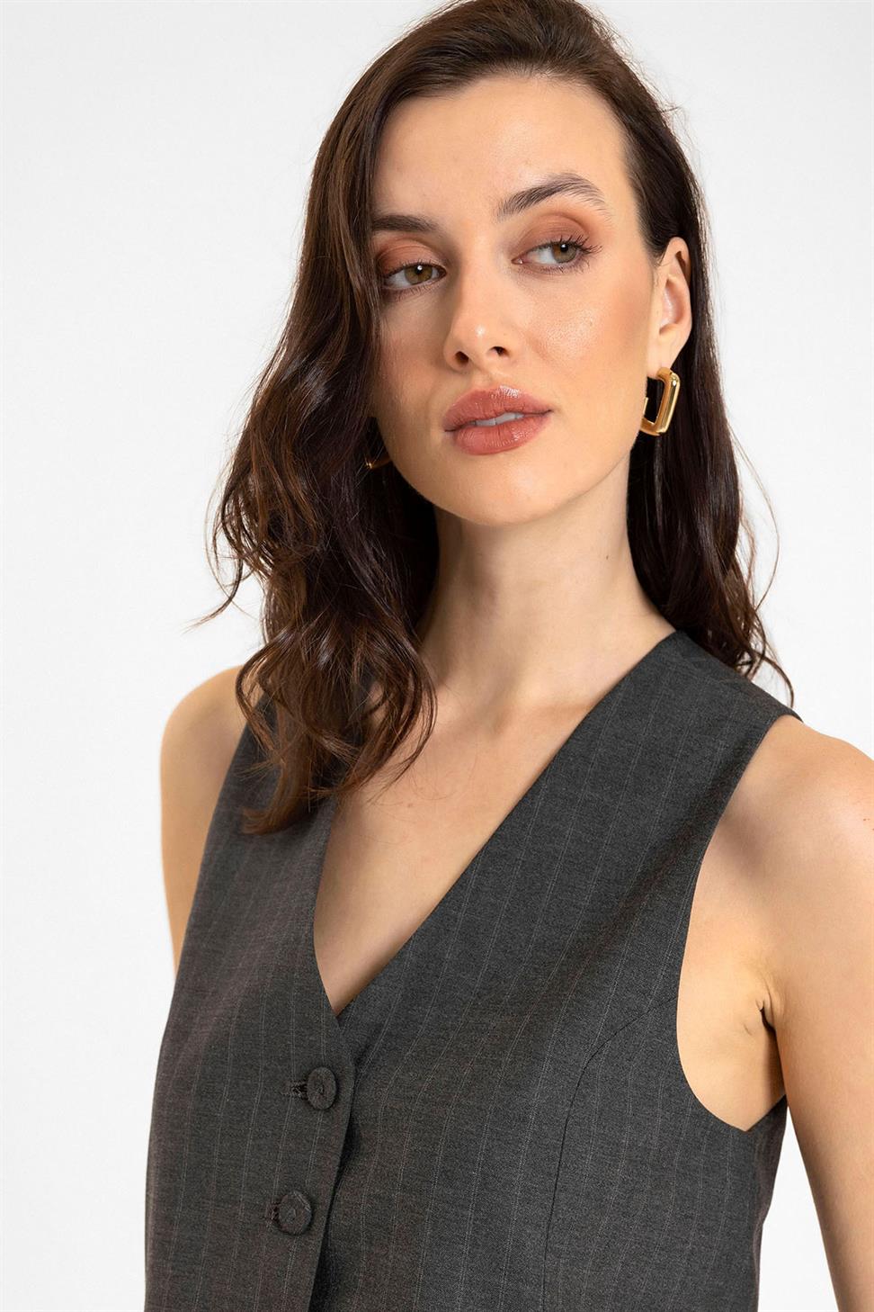 Antioch Antrasit Kadın Çizgili Düğme Kapama Yelek