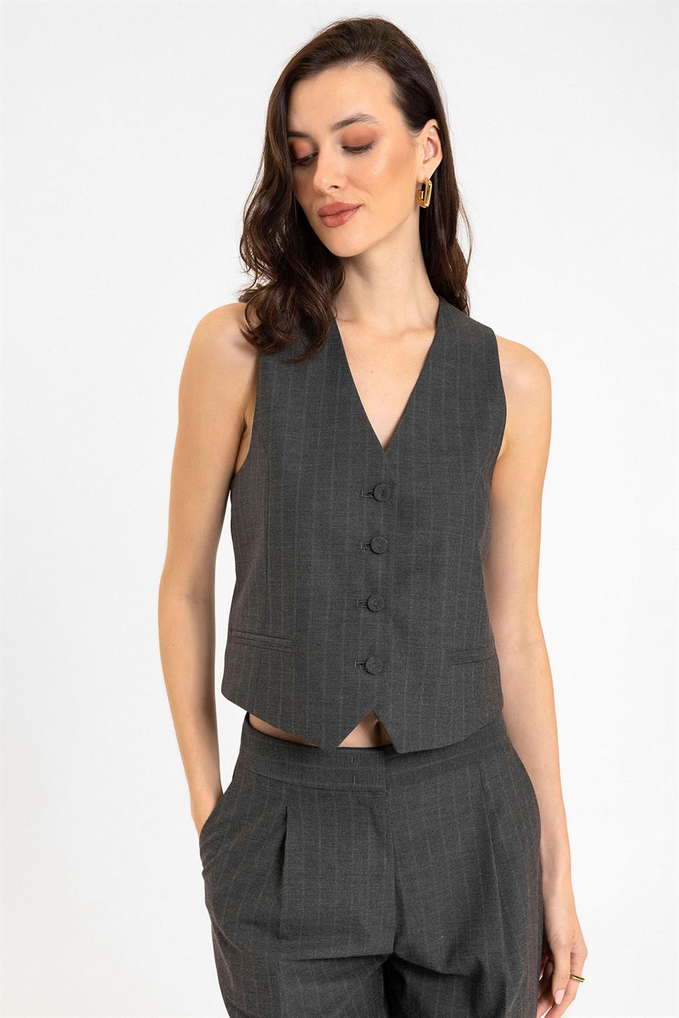 Antioch Antrasit Kadın Çizgili Düğme Kapama Yelek