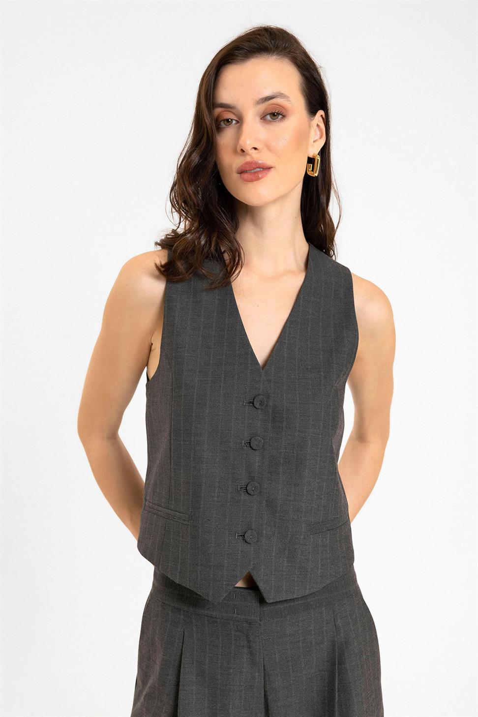 Antioch Antrasit Kadın Çizgili Düğme Kapama Yelek