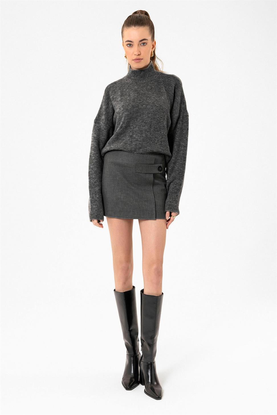 Antioch Antrasit Kadın Dik Yaka Dokulu Triko Kazak