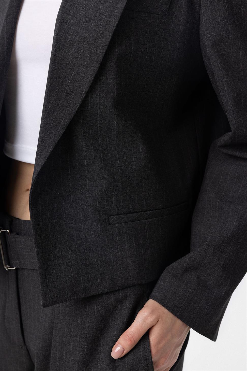 Antioch Antrasit Kadın İnce Çizgili Crop Blazer Ceket