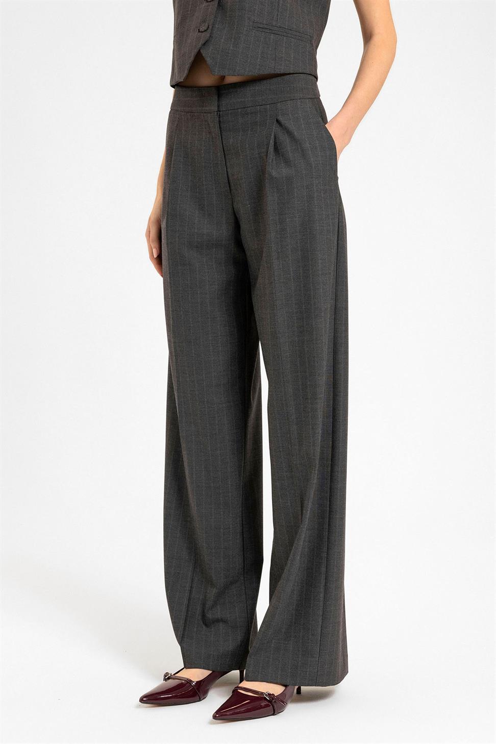 Antioch Antrasit Kadın Yüksek Bel Çizgili Pantolon