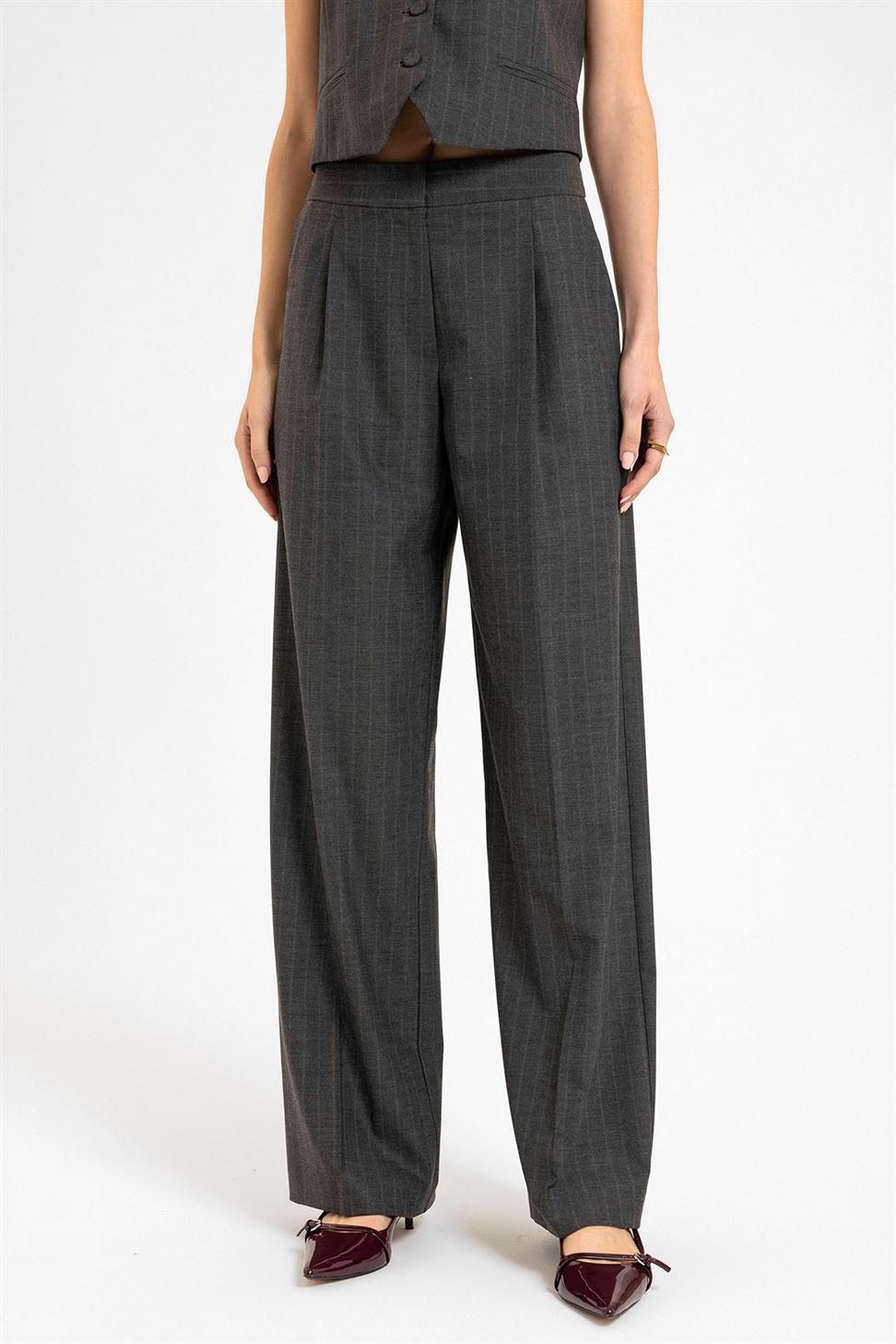 Antioch Antrasit Kadın Yüksek Bel Çizgili Pantolon
