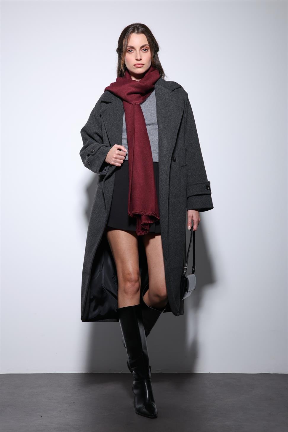 Antioch Antrasit Kadın Yumuşak Dokulu Oversize Kruvaze Kaban