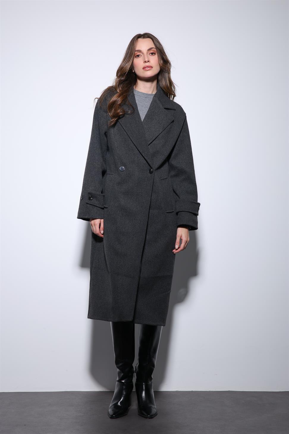 Antioch Antrasit Kadın Yumuşak Dokulu Oversize Kruvaze Kaban