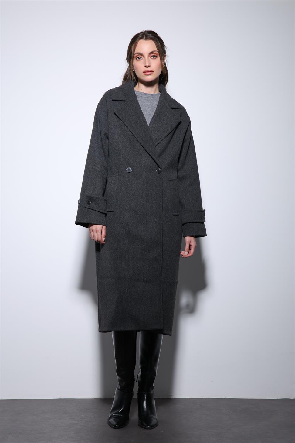 Antioch Antrasit Kadın Yumuşak Dokulu Oversize Kruvaze Kaban