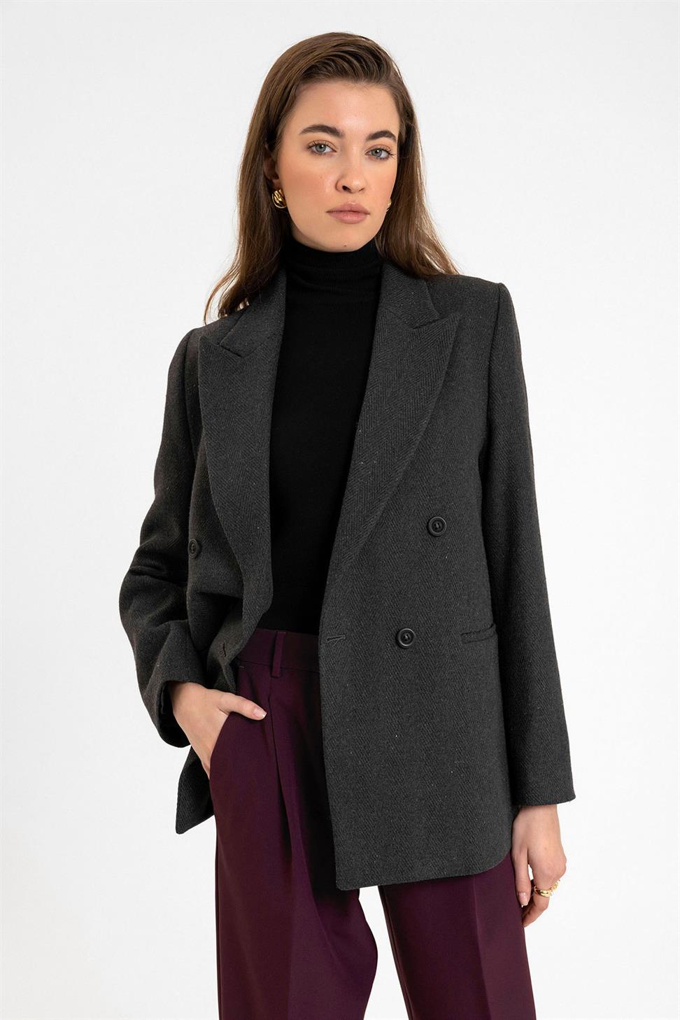 Antioch Antrasit Kadın Yün Karışımlı Balıksırtı Desenli Blazer Ceket