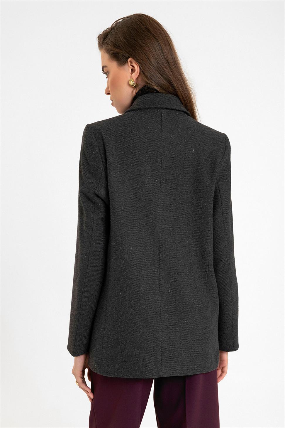 Antioch Antrasit Kadın Yün Karışımlı Balıksırtı Desenli Blazer Ceket