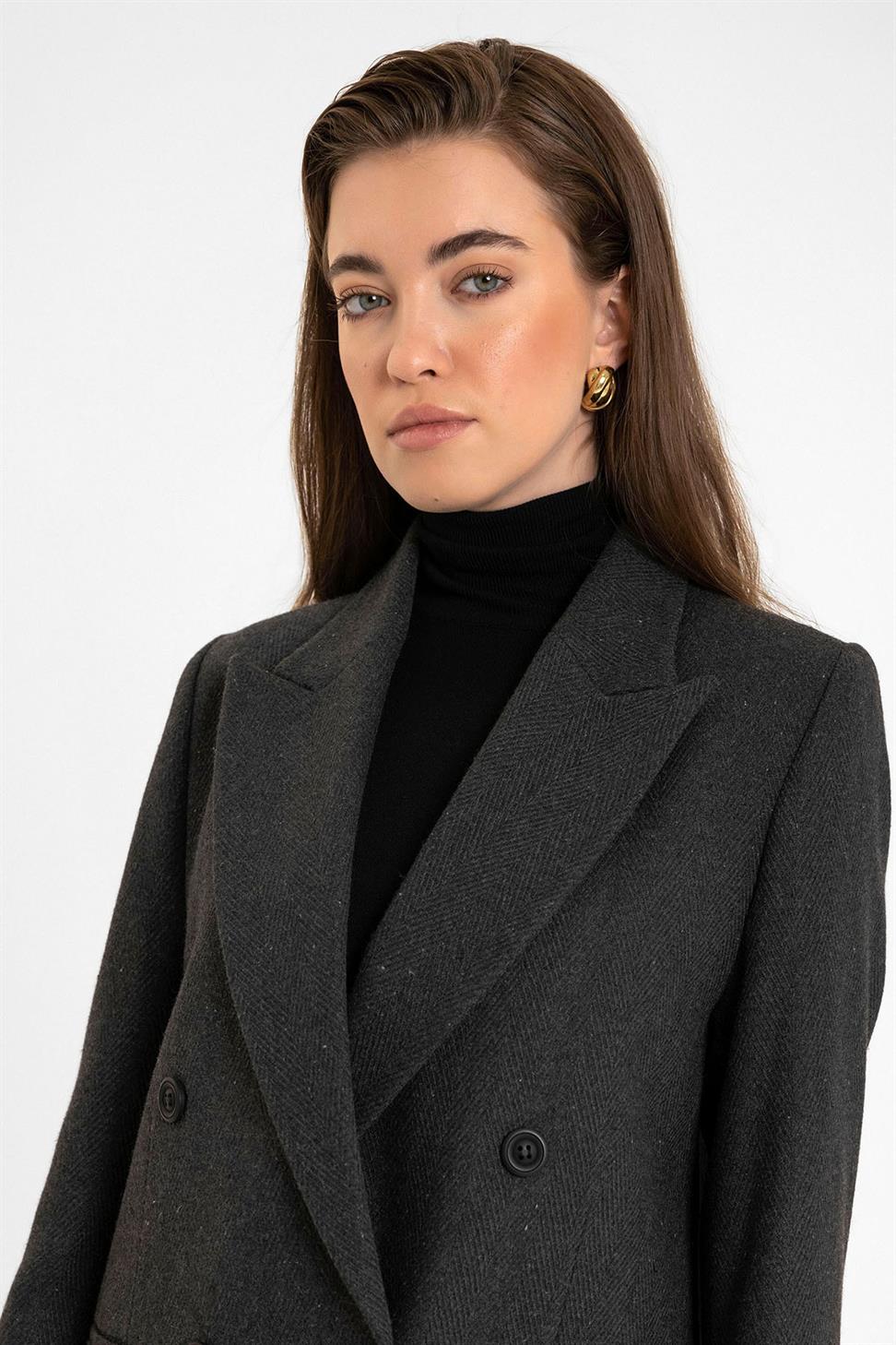 Antioch Antrasit Kadın Yün Karışımlı Balıksırtı Desenli Blazer Ceket