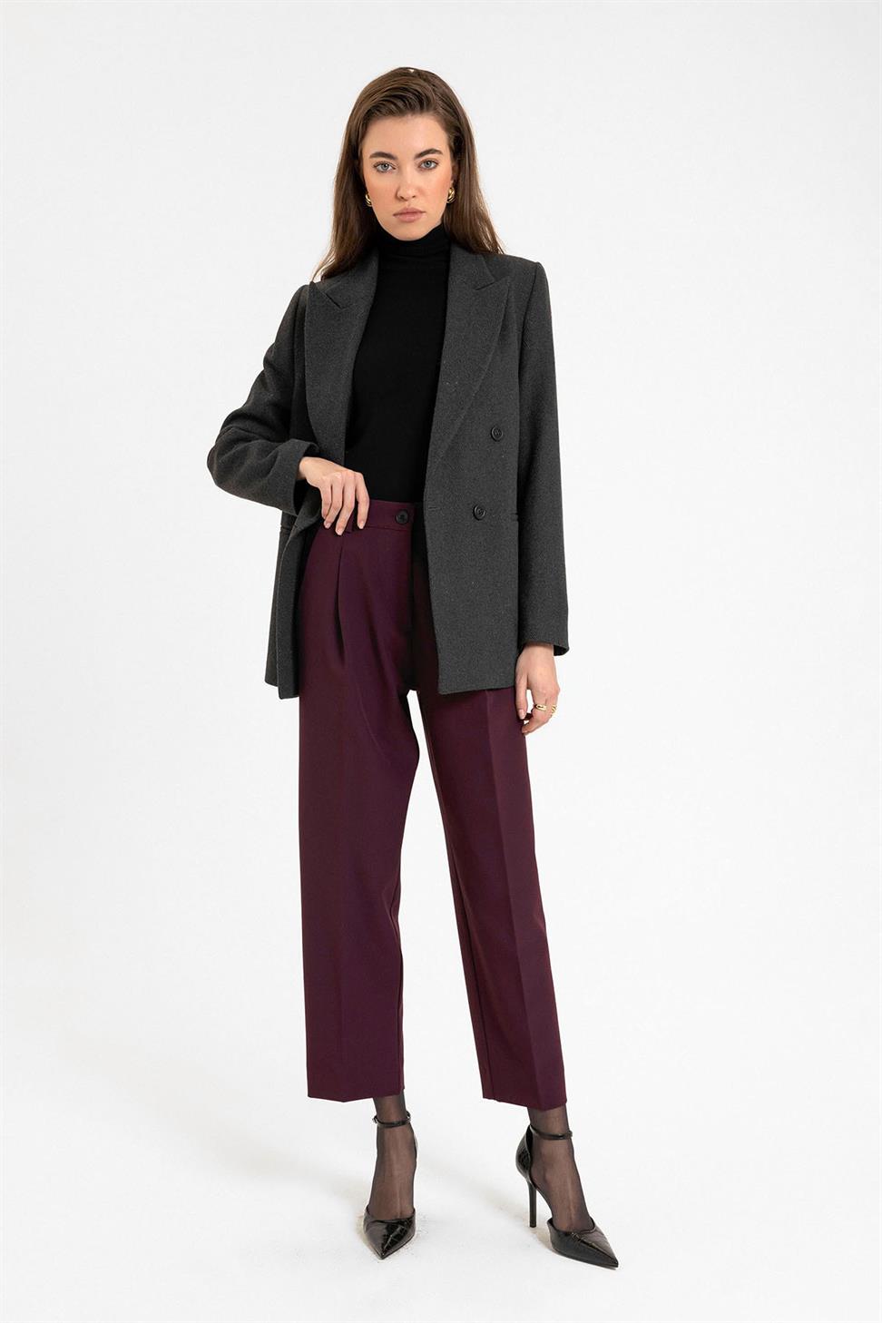 Antioch Antrasit Kadın Yün Karışımlı Balıksırtı Desenli Blazer Ceket