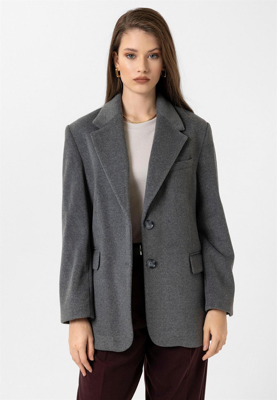 Antioch Antrasit Kadın Yün Karışımlı Blazer Ceket