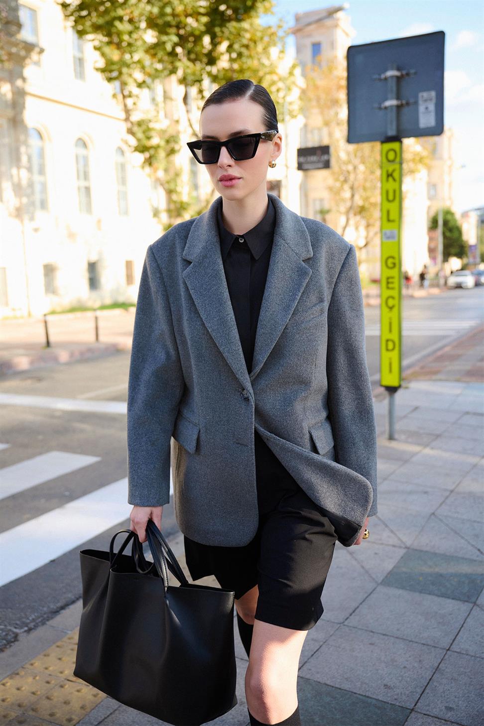 Antioch Antrasit Kadın Yün Karışımlı Blazer Ceket