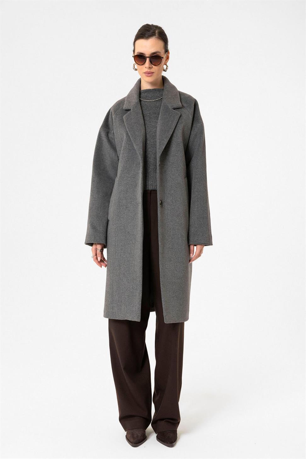 Antioch Antrasit Kadın Yün Karışımlı Dokulu Kaban