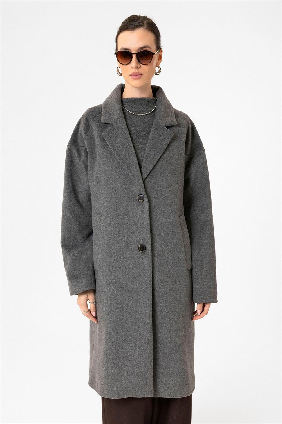 Antioch Antrasit Kadın Yün Karışımlı Dokulu Kaban