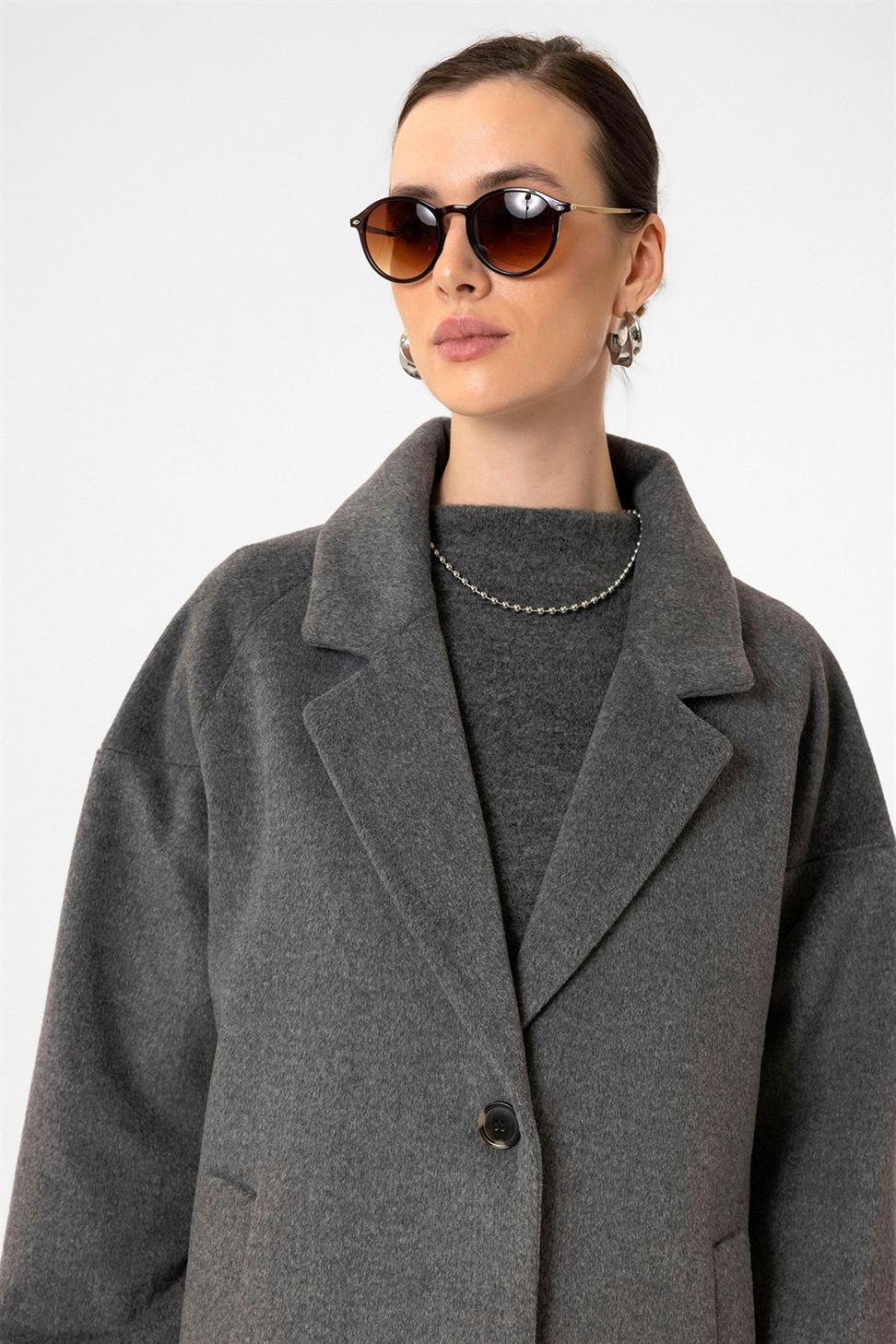 Antioch Antrasit Kadın Yün Karışımlı Dokulu Kaban