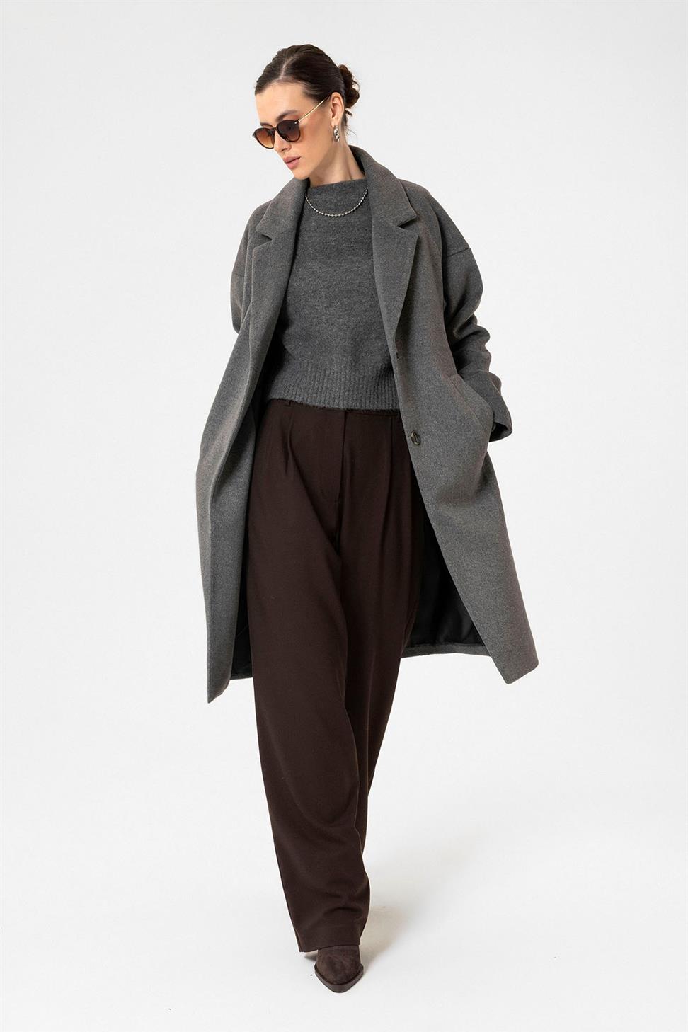 Antioch Antrasit Kadın Yün Karışımlı Dokulu Kaban