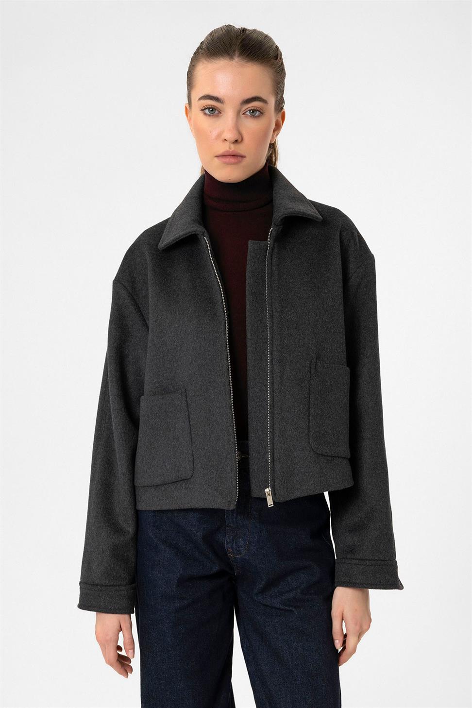 Antioch Antrasit Kadın Yün Karışımlı Kısa Ceket