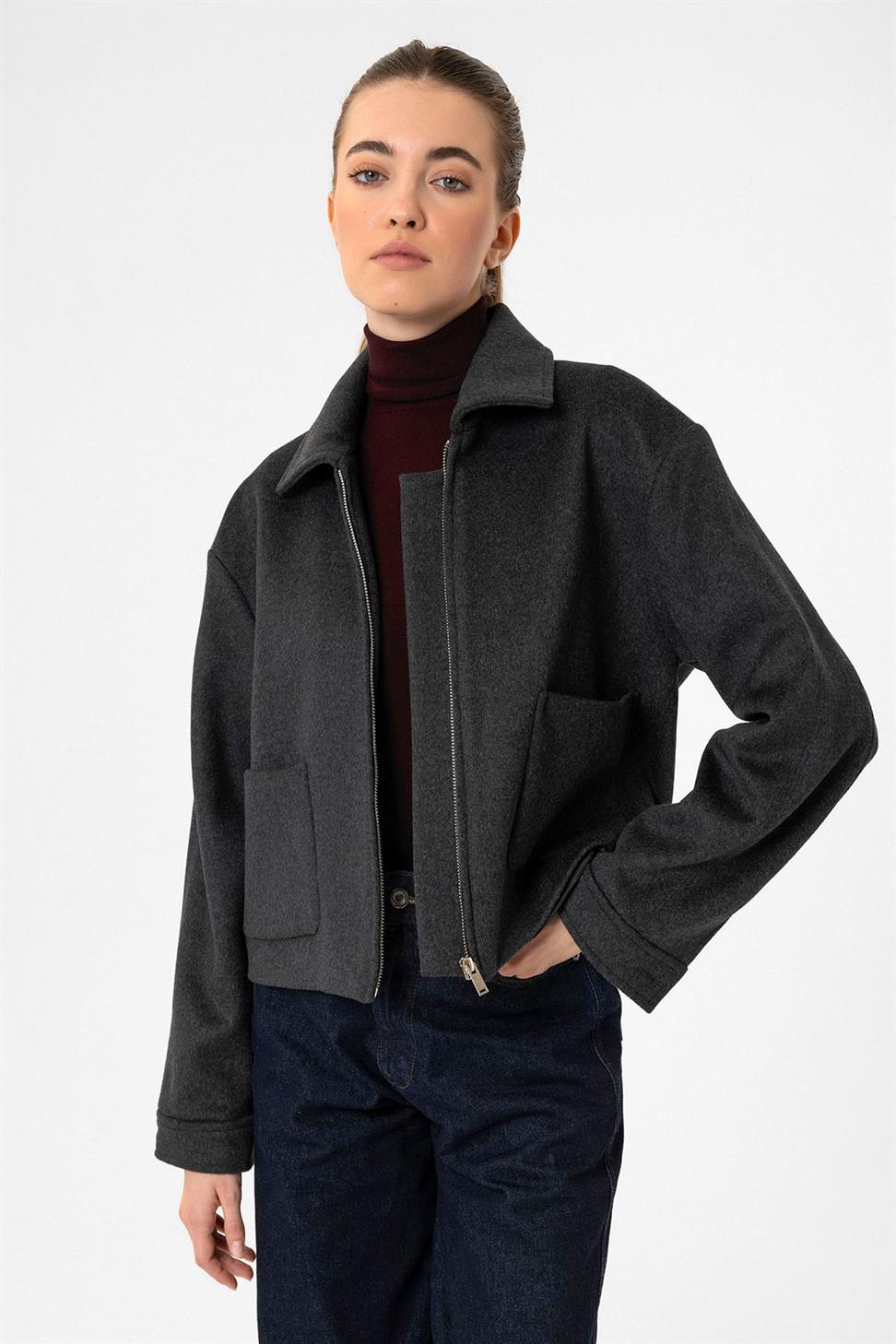 Antioch Antrasit Kadın Yün Karışımlı Kısa Ceket