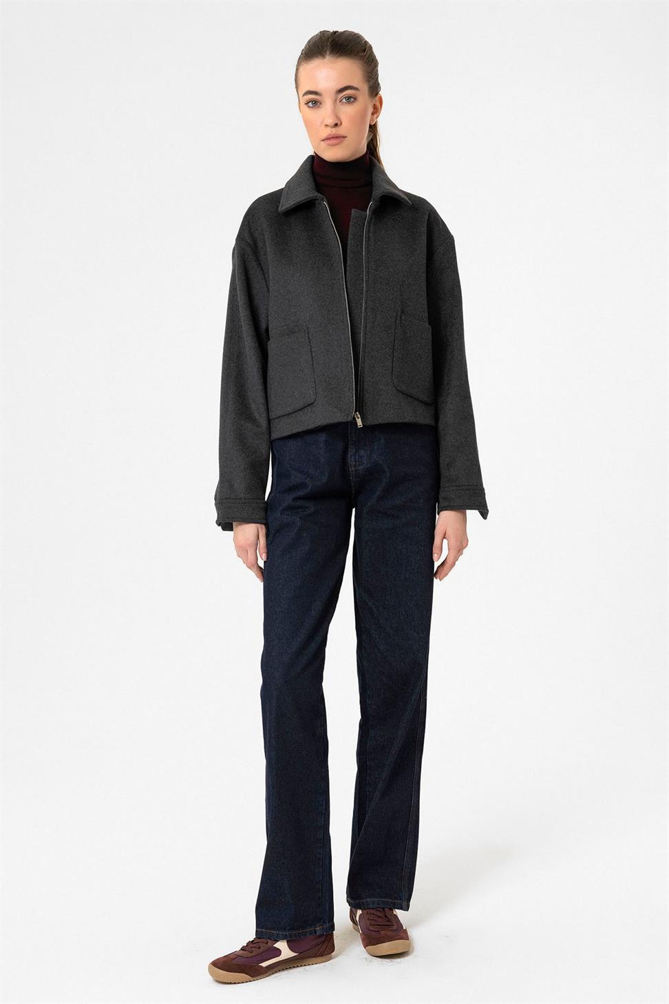 Antioch Antrasit Kadın Yün Karışımlı Kısa Ceket