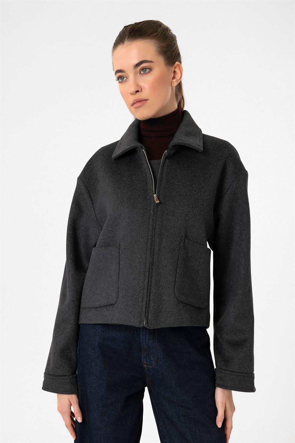 Antioch Antrasit Kadın Yün Karışımlı Kısa Ceket