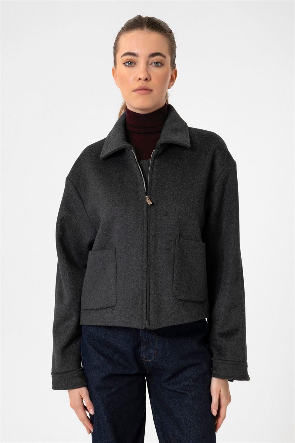 Antioch Antrasit Kadın Yün Karışımlı Kısa Ceket