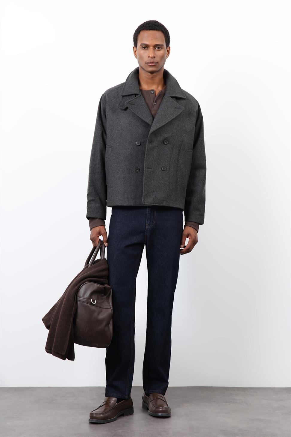 Antioch Antrasit Kruvaze Kapama Kısa Erkek Kaban