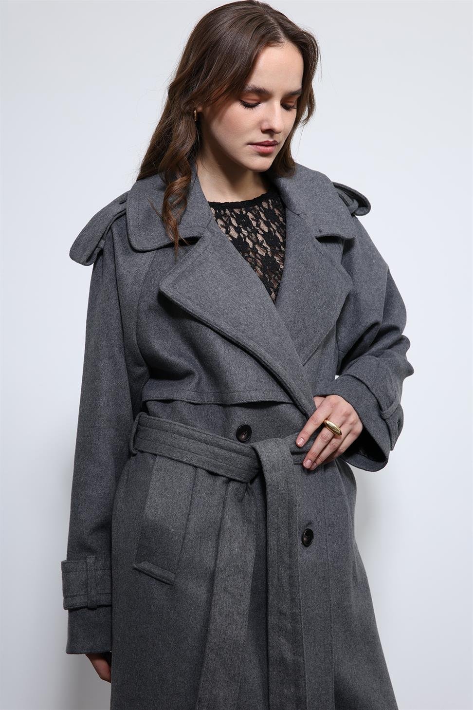 Antioch Antrasit Oversize Kemerli Kaban