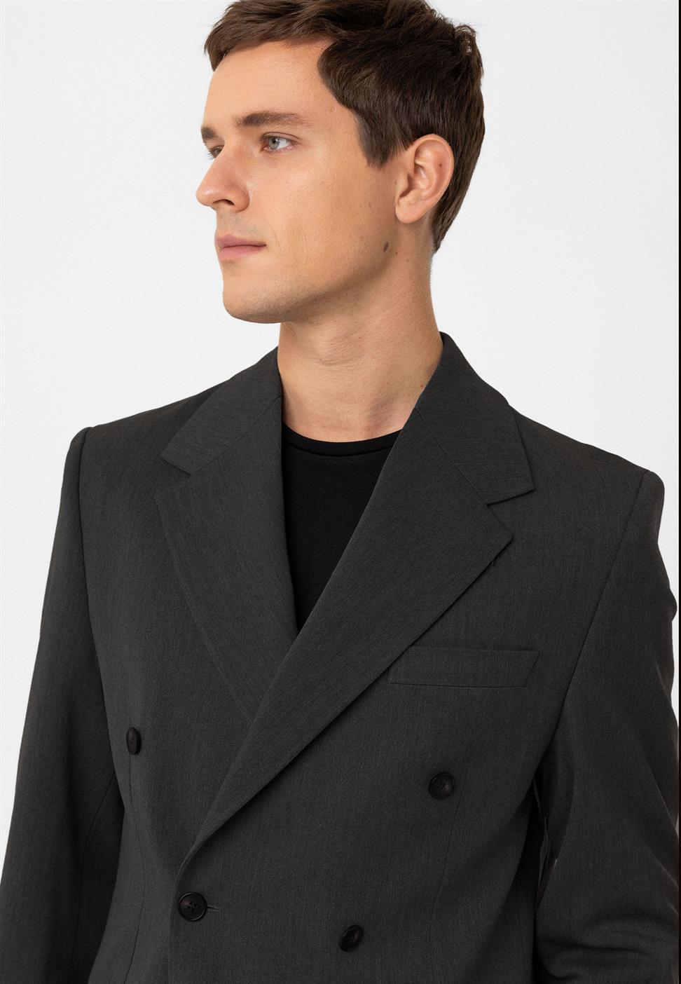 Antioch Antrasit Relax Fit Kruvaze Erkek Blazer Ceket