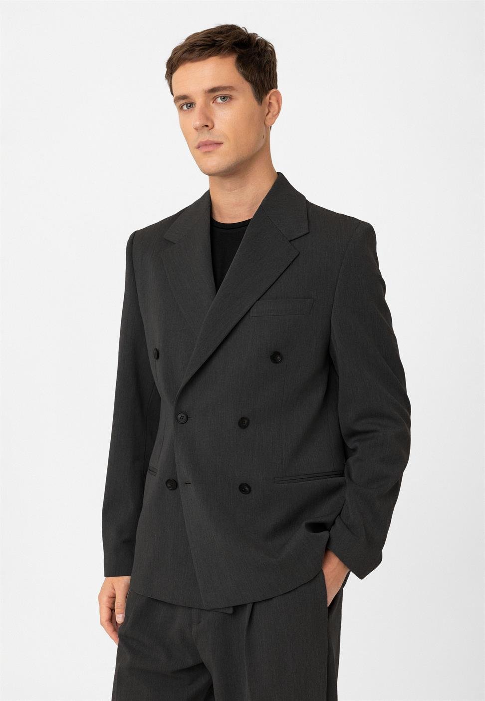 Antioch Antrasit Relax Fit Kruvaze Erkek Blazer Ceket