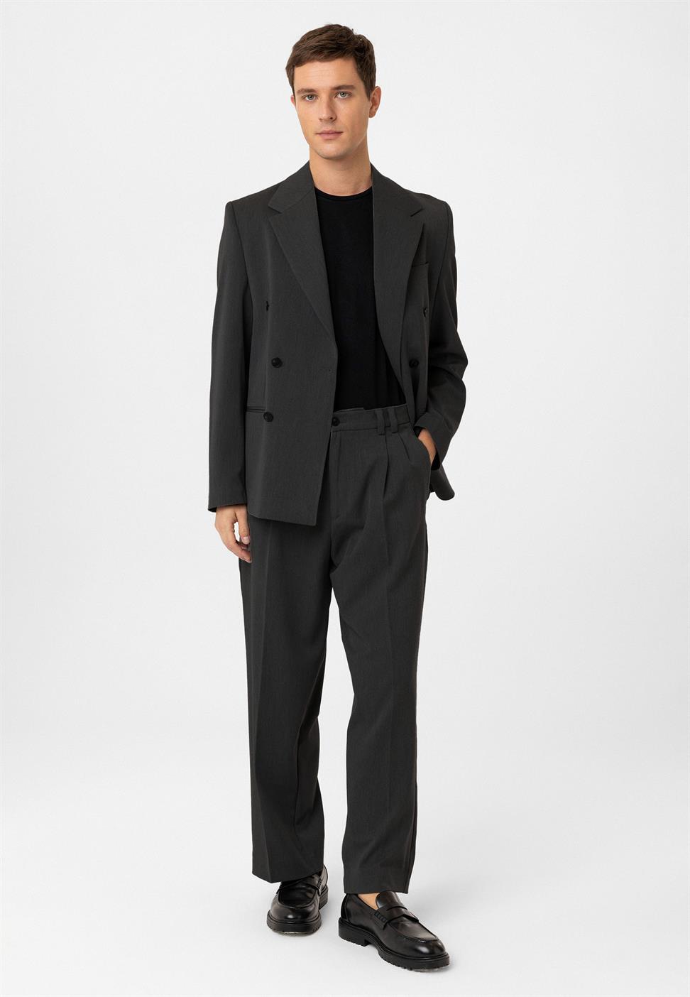 Antioch Antrasit Relax Fit Kruvaze Erkek Blazer Ceket