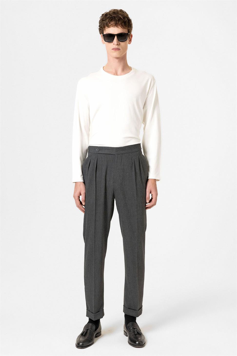 Antioch Antrasit Yüksek Bel Çizgili Duble Paça Erkek Pantolon