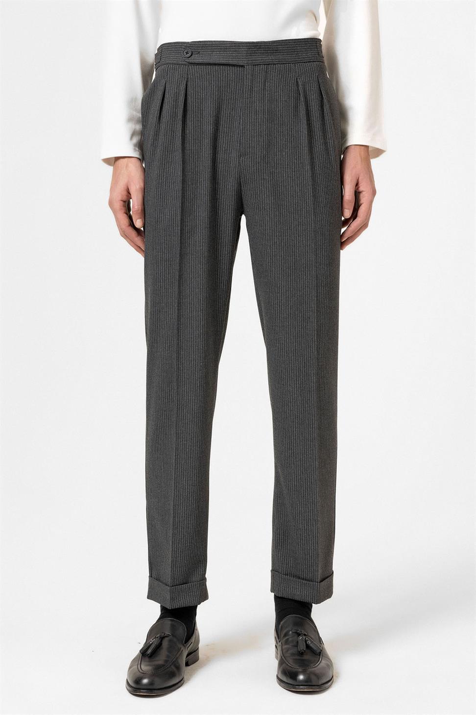 Antioch Antrasit Yüksek Bel Çizgili Duble Paça Erkek Pantolon