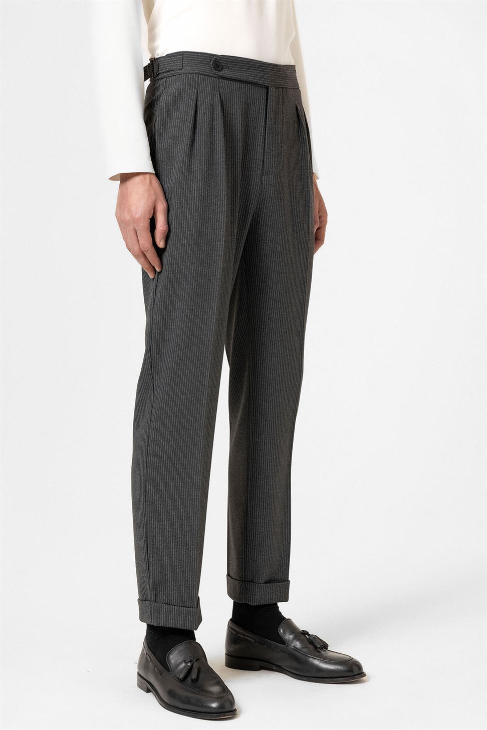 Antioch Antrasit Yüksek Bel Çizgili Duble Paça Erkek Pantolon