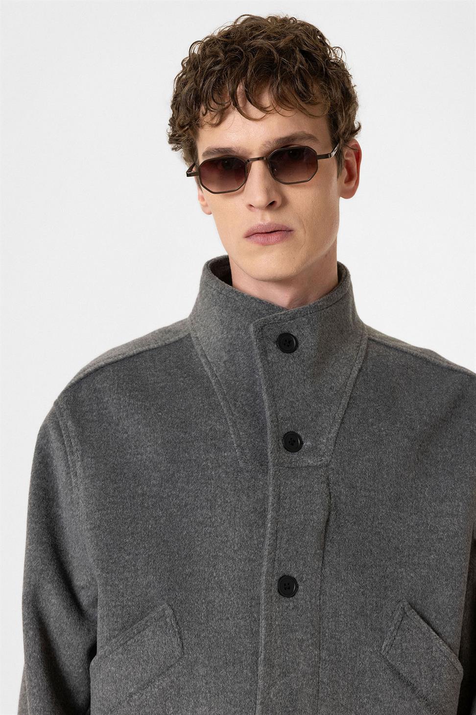 Antioch Antrasit Yün Karışımlı Dik Yaka Erkek Mont